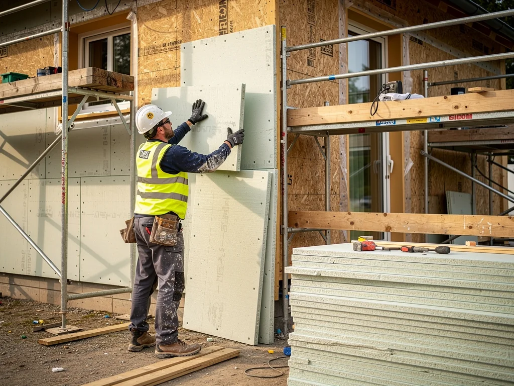 Pose des panneaux isolants sur le mur d'une maison en chantier